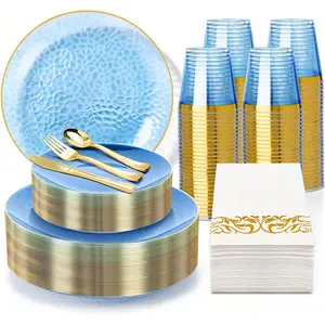350PCS Blue Dinnerware Set, Blue and Gold, Include 100, 150 Gold Disposable Silverware, 50 Cups and 50 for and Wedding