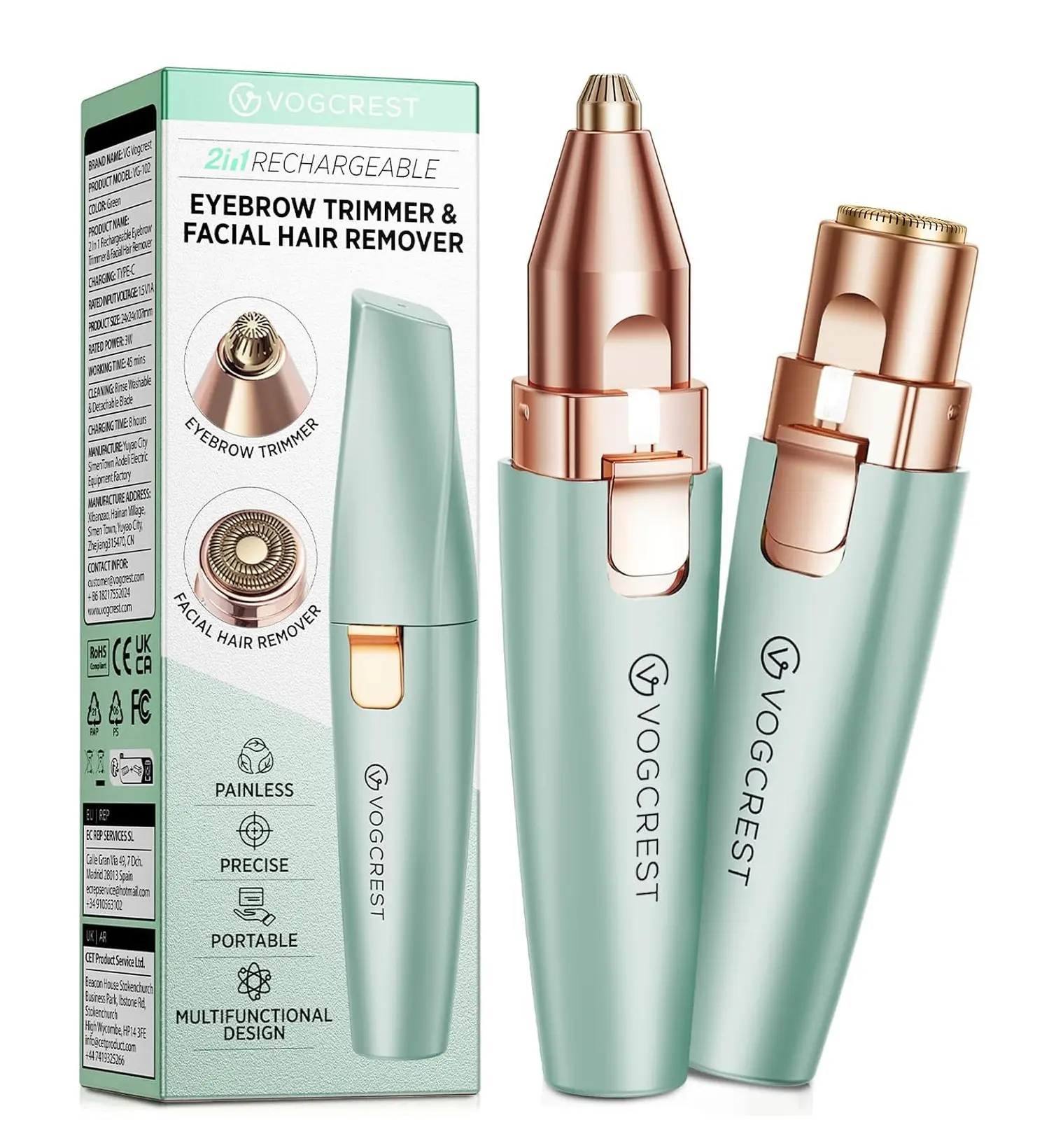 VG VOGCREST Eyebrow Facial Trimmer: 2 in1 Rechargeable Facial Hair Removal and Eyebrow Shaver - Face Lips Body Painless Facial Razor with Built-in LED Light (Pastel Green)