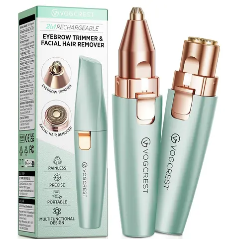 VG VOGCREST Eyebrow Facial Trimmer: 2 in1 Rechargeable Facial Hair Removal and Eyebrow Shaver - Face Lips Body Painless Facial Razor with Built-in LED Light (Pastel Green)