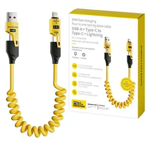 4-in-1 Vehicle Charging Cable,Spring Wire Supercharging Cable - for MacBook, iPad, iPhone, Samsung, Car USB C - Type C, USB - Lightning coiled  charger