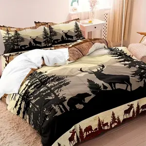 3pcs Forest Deer and Bear Print Quilt Set, Soft Polyester Fabric, Zipper Design, Modern Style Essentials, Soft Bedding Sets