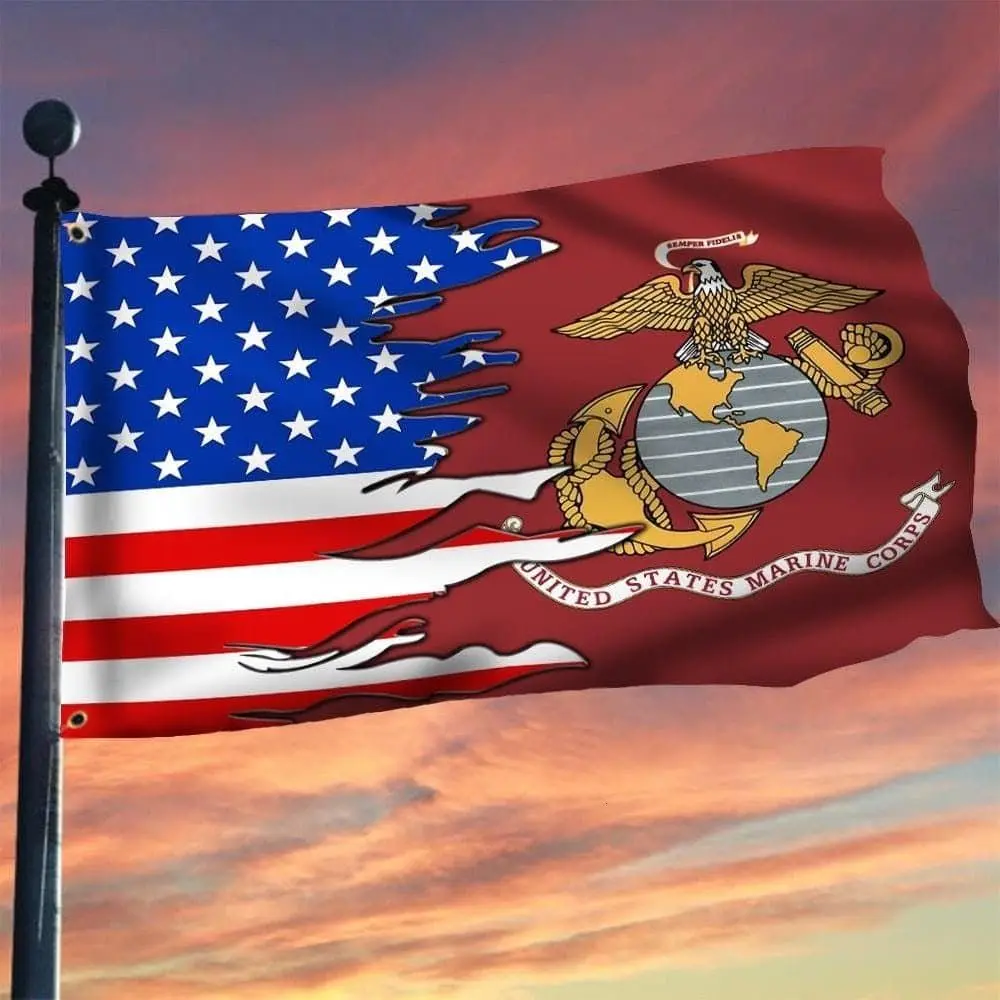 US Marine Flag & American Flag Fabric Tapestry - Rectangular Patriotic Home Wall Decor, Military Pride Room Accent, Veterans Gift