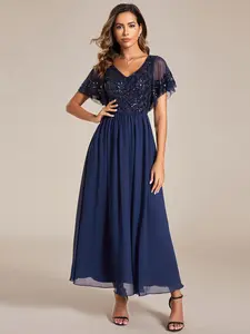 Ever-Pretty Short Sleeve V-Neck Sequin Chiffon A-Line Mother of the Bride Dress  01583