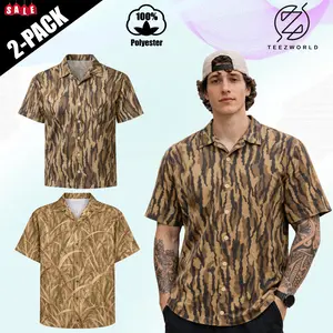 [Pack - 2] Duck Hunting Camo Hawaiian Shirt for Men Button Up Cuba Collar Camo Print Casual Short Sleeve Regular Fit Summer Beach Tropical Vacation Outdoor Hunting Fishing Hiking Aloha Shirt Gift Matching Outfit