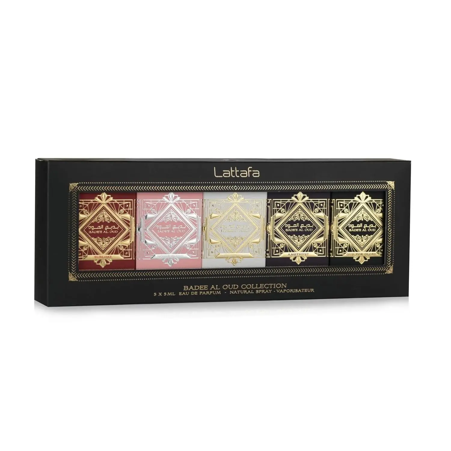 Lattafa Bade’e Al Oud Collection – 5 ml Mini Gift Set Eau de Parfum for Unisex (Honor & Glory + Sublime + Amethyst + Oud for Glory + Noble Blush), Floral, 3 To 3.9 Fl Oz