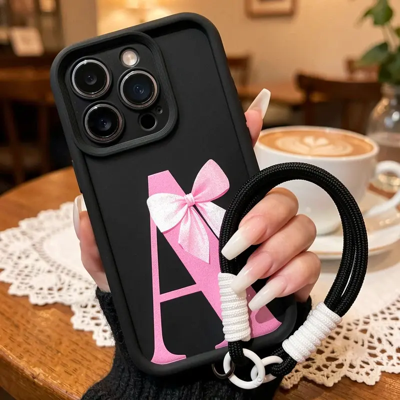 Simple Bowknot Letter A Pattern Phone Case with Wrist Strap for iPhone 16 15 14 Pro Max 13 12 11 XR XS Plus Shockproof Full Camera Protection Durable slim Silicone Cover