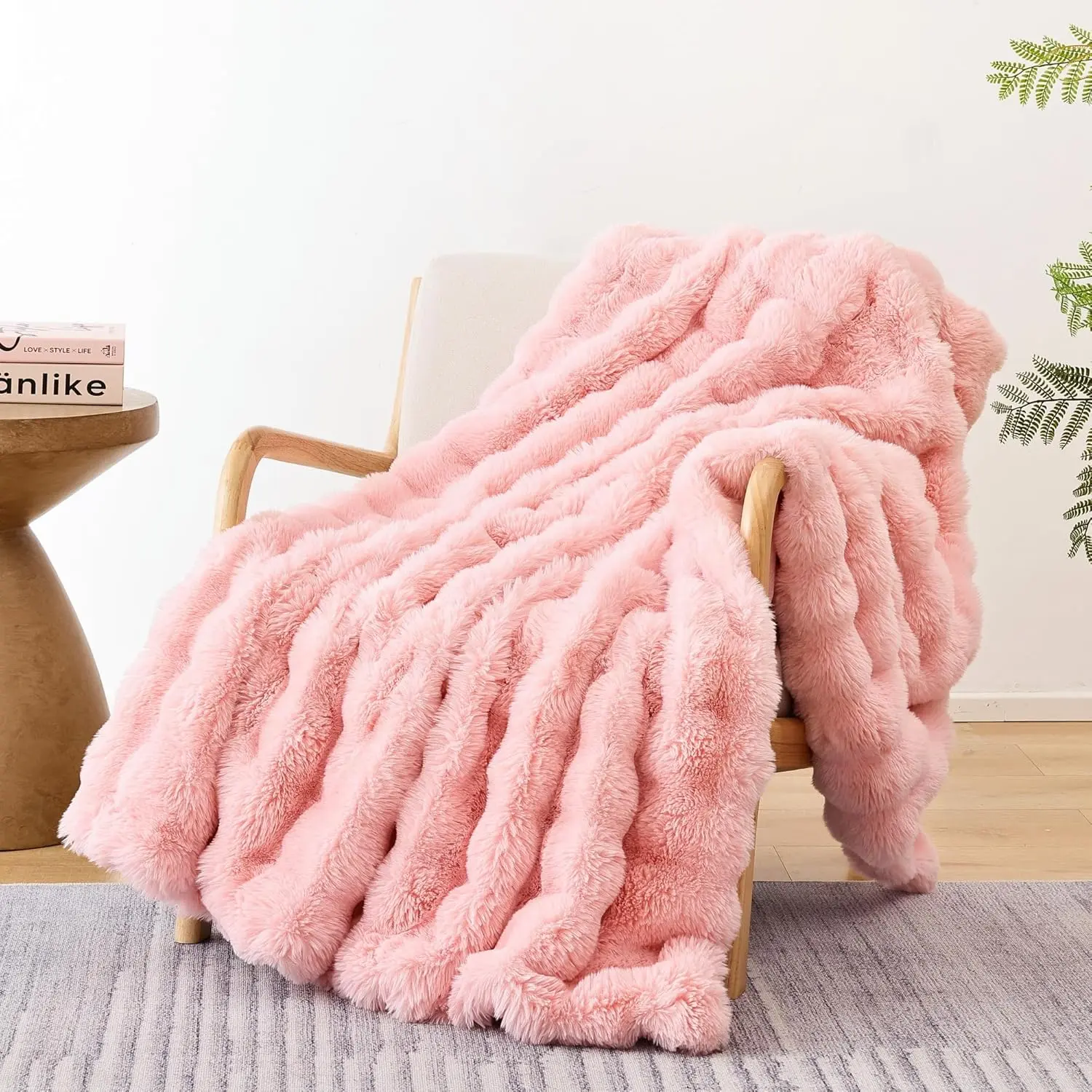 Synthetic Faux Fleece Throw Blanket - Blush, Fluffy Cozy Plush Bubble Blanket, Durable Fade Resistant, 50"x60" for Couch Sofa Bed, Birthday Gift for Mom, Cold Wash Room Decor