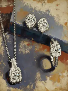 4 Piece Sparkling Rhinestone Trendy Jewelry Set, Includes Necklace Pendant, Ring, Earrings, Elegant Cut, Versatile Fashion Accessory