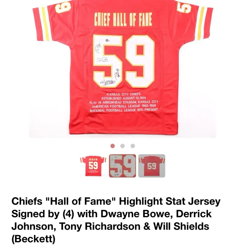 Chiefs "Hall of Fame" Highlight Stat Jersey Signed by (4) with Dwayne Bowe, Derrick Johnson, Tony Richardson & Will Shields (Beckett)