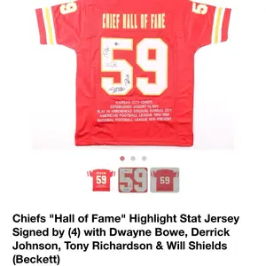 Chiefs "Hall of Fame" Highlight Stat Jersey Signed by (4) with Dwayne Bowe, Derrick Johnson, Tony Richardson & Will Shields (Beckett)