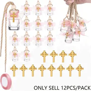 12-Pack Cross Wish Bottle Glass Gift Set, Ideal for Baptism, Communion, Catholic Weddings, 8ML Holy Water Containers, Includes Cross Pin & Ribbon Seal