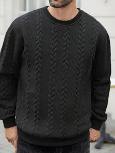 Men's Knitted Texture Round Neck Classic Sportswear, Soft Breathable Casual Long Sleeve Top, Loose-Fitting Plain Pattern, Spring & Fall, Casual Cozy Pullover