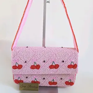 Pink Cherry Beaded Crossbody Bag with Bows Coquette Aesthetic Hand-Beaded Purse Retro Fruit Shoulder Bag for Summer Gifting