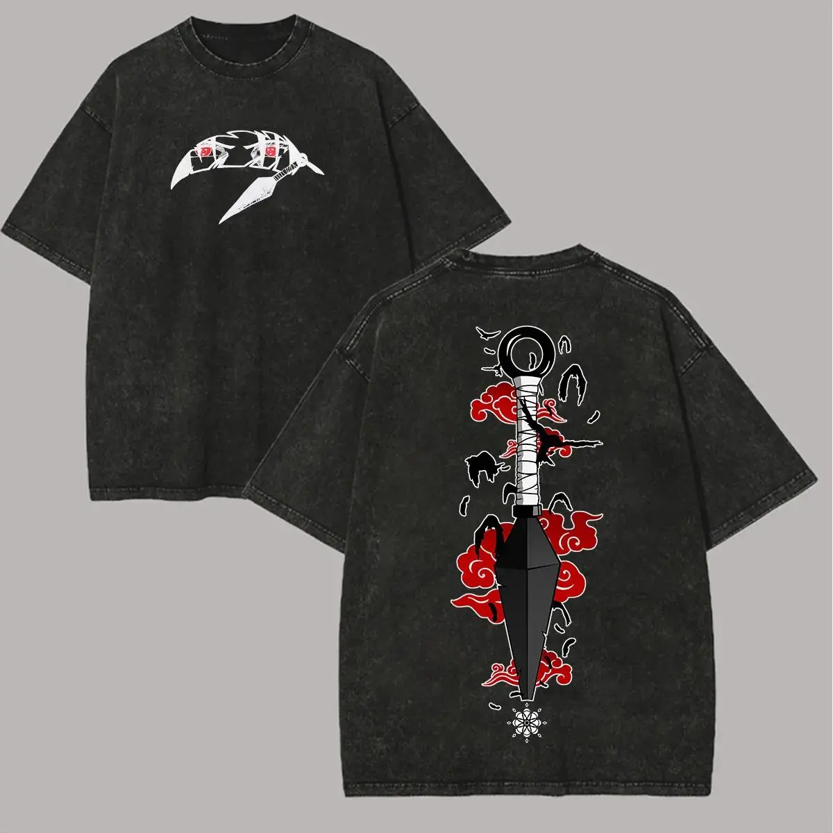 Kunai T Shirt Akatsuki Cloud Vintage Acid Wash Streetwear Oversized Retro Anime Graphic Men Tees Cotton Top Clothing fathersdaygift