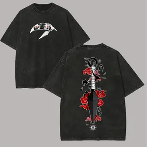 Kunai T Shirt Akatsuki Cloud Vintage Acid Wash Streetwear Oversized Retro Anime Graphic Men Tees Cotton Top Clothing