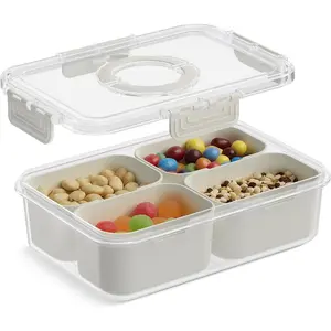 Snackle Box Container, Upgrade Dishwasher,Safe Snack Box for Adult , 4 compartments Plastic Divided Serving Tray with Lid and Handle for Candy, Fruits, Snacks, Nuts,Small,White,1 Pack