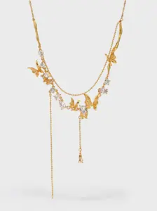 Lava Butterfly Double Layer Tassel Necklace 24K Gold Plated Engagement Wedding Anniversary Gift Nature Inspired Jewelry - booneealus