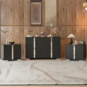 3-Pieces Bedroom Dresser Night Stand Set, A 6-Drawer Cabinet & 2 Nightstand, Elegant Mirrored Metal Handles Wood Storage Chest and Bedside End Bedside Table