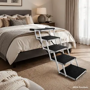Foldable 5-Step ARCH Dog Stair with Aluminum Frame, Non-Slip Surface, Soft Foam Handle, Joint Support, 250 lbs Weight Capacity, Portable Heavy-Duty Lightweight Design for High Beds, Cars