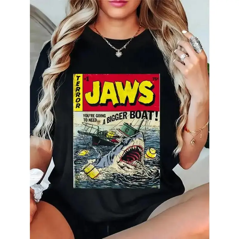 100% Cotton Unisex Jaws Pulp Attack Comic Cover Short Sleeve T-Shirt Funny Humor Outfit Graphic Printed Tee Father's Day