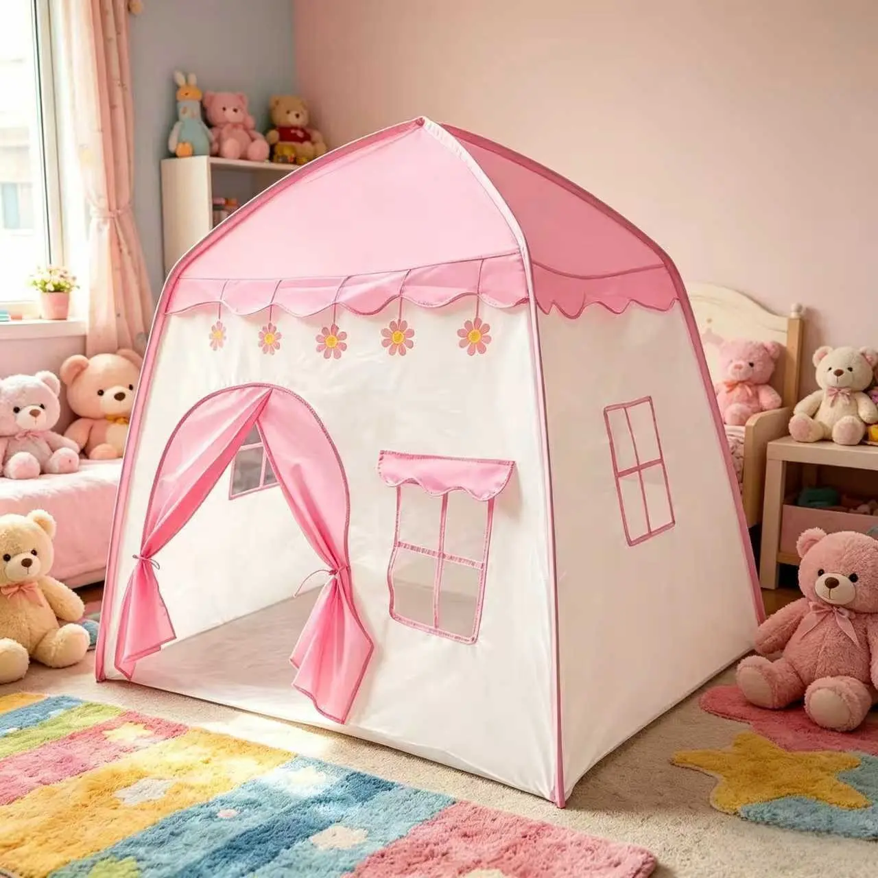 Kids' Party Pretend Play Tent | Pink Princess Castle w/ Flower Design | Unisex Role-Play Fun | Holiday Gift | No Accessories or Lights
