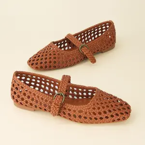 Cushionaire Weston Hand Woven Mary Jane Flats for Women – Comfortable Faux Leather Dressy Ballet Flats with Braided Adjustable Buckle & Memory Foam Cushioning