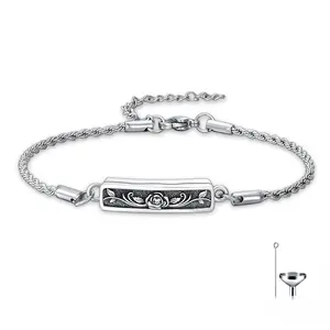 MEIDERBO Dream Chaser Rose Urn Bracelet 925 Sterling Silver Holds Ashes Flower Pendant Bella Chain Stainless Steel Rope Chain 7+2 Inch Memorial Jewelry