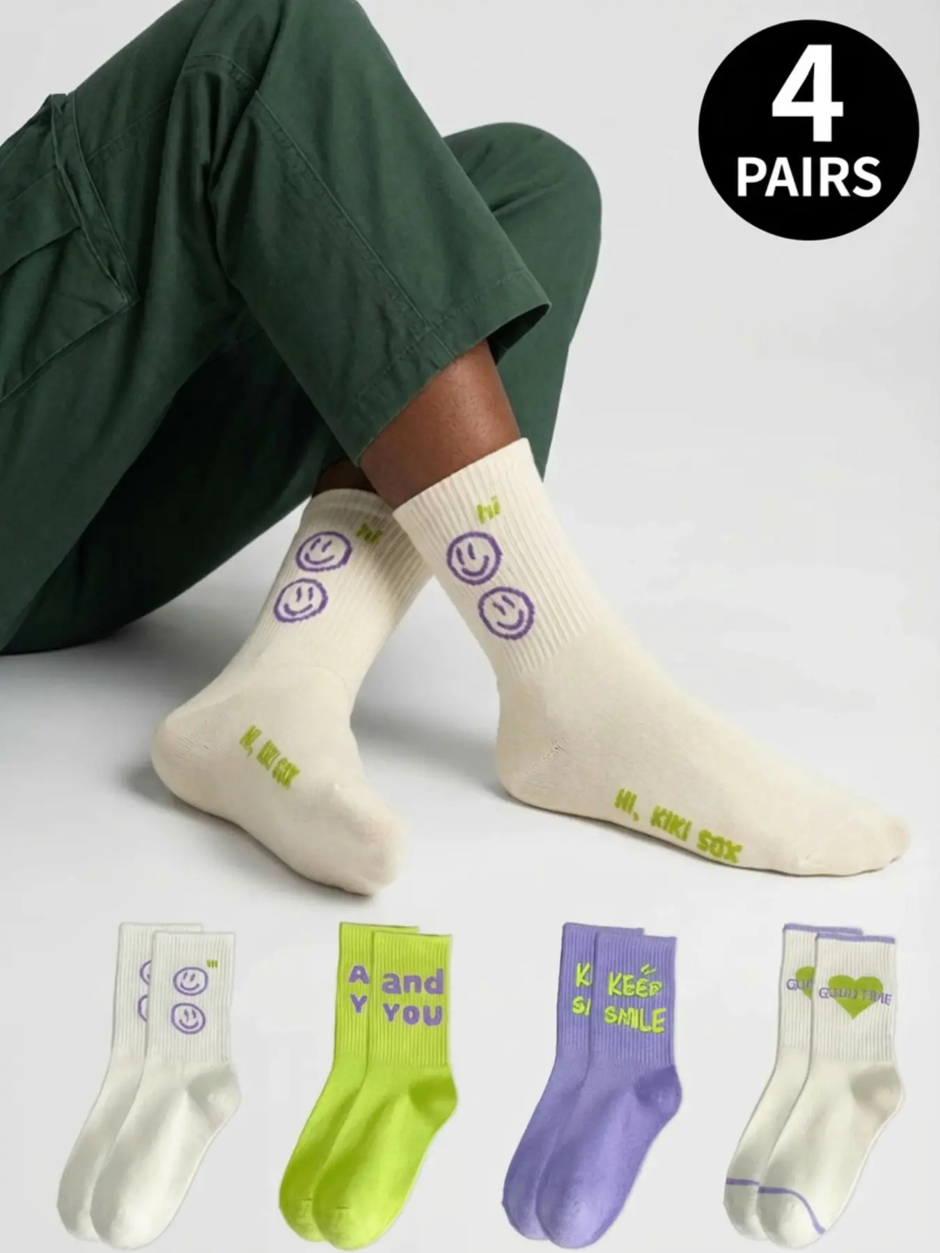 4 pairs of women's casual Fashion letter-print trendy street-style mid-calf socks, perfect for everyday wear, Streetwear, Womenswear