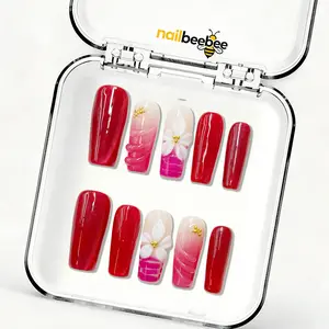 NailBeeBee｜10PCS 100% Handmade Press-On Nails｜D164 1.2 Inch｜Reusable Colorful Art Acrylic Stylish｜Red Ombre 3D Flower
