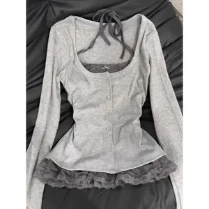 Women Y2K Korean Harajuku Vintage Two-Piece Lace Long Sleeves Shirts Acubi Shirt Oversized Tshirt Gyaru Tops 2000s Alt Clothes Womenswear Blouse Basic Beige Gamis Casual Minimalist