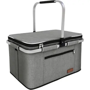 35L Large Picnic Basket 2 Layers of Internal Pockets Leak-Proof and Insulated ,Folding with Internal Support for enhansed Stability, Wedding Gifts for Couple(Grey)