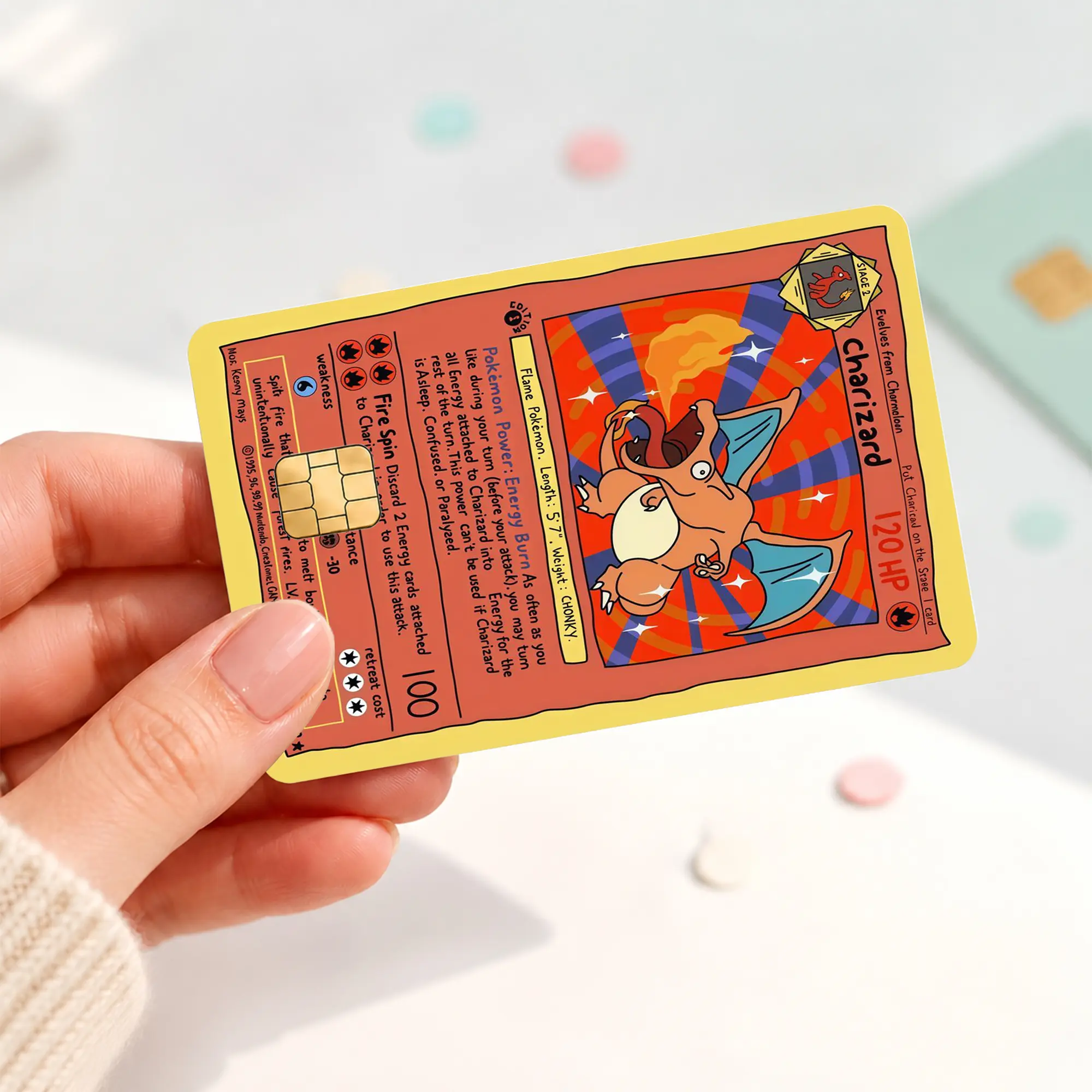 Fire Dragon Trading Card Credit Card Skin, Retro Monster Battle Debit Card Sticker, Orange Flame Creature Bank Card Cover, Anime Style Chip Card Decal, Gamer Gift