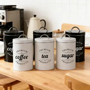 Premium 3-Piece Airtight Coffee Tea Sugar Canister Set – Food Grade Metal Storage Jars Containers with Lids & Handles, Rustic Farmhouse Kitchen Decor, Black/White Options for Countertop Pantry Organization, Heavy Duty Canister