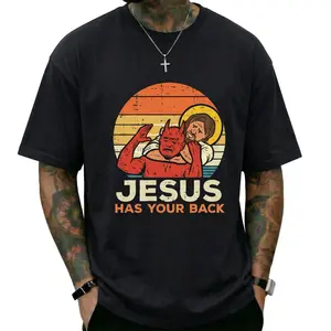 Jesus Has Your Back Funny Chokehold Devil Retro Meme Graphic T-Shirt