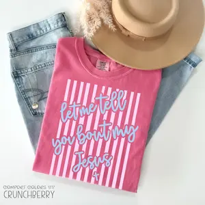 Comfort Colors Let Me Tell You About my Jesus Easter Spring Christian T-Shirt, Stripes Coquette Bow Christian Printable