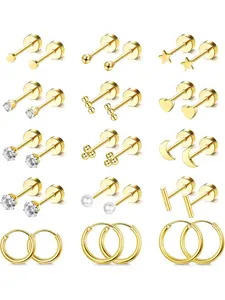 15 Pairs Golden Small Flat Back Stud Hoop Earrings for Women Men Hypoallergenic Stainless Steel Friendly To Sensitive Ears Safe for Long Daily Wear Exquisite Earring Set Mini Flat Back Studs Slim Hoops with Practical Screw Back Design