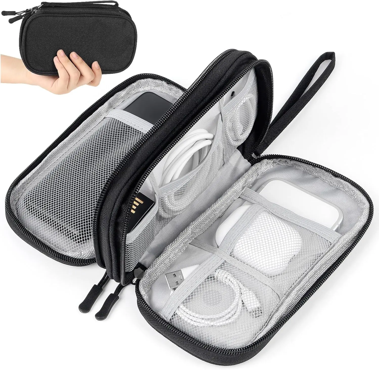 Travel Cable Organizer Pouch Compact Electronic Organizer for Travel and Office - Waterproof Oxford Nylon, Double-Layer Design with 8 Compartments, Removable Card Slots, Tangle-Free Mesh for Cables/Chargers (7.5 x 4.3 x 2.2 in)