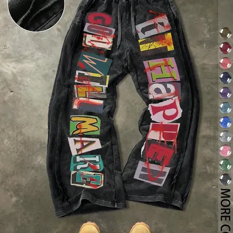 Men's Casual Cotton Material Sport Pants, Geometric Print, Street Style, Fitted, Ankle Length, Drawstring Waist, All Seasons, Adjustable Drawstring Sweatpants, Graphic Print Sweatpants, Ideal Gift