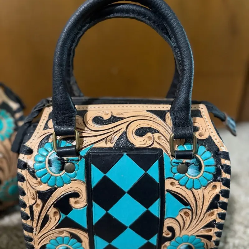 Mini checkered and tooled leather speedys