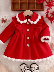 Baby girl winter red plush edge coat, baby girl clothes, big collar with plush trim, suitable for baby girl 0-3 years old winter outings and family gatherings, with a soft and cute outfit full of atmosphere, children's Easter gift, Collared Coats