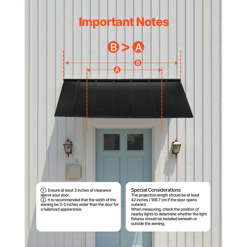 VEVOR Fixed Metal Awning 80 x 36 in,  Window Awning Door Canopy, Stable Triangle Steel Frame Exterior Awnings Rain, and Snow Sunlight Protection for Door Entrance, Windows, Porches, Balconies