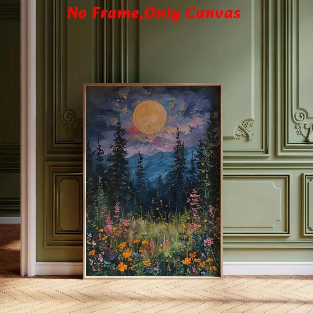 Vintage Flower & Moon Pattern Unframed Painting, 1 Count Canvas Wall Art, Wall Decor for Home Living Room Bedroom Study Room