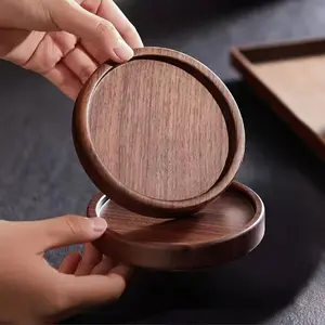 Natural Black Walnut Wood Coasters Set with Wooden Handle High Borosilicate Glass Cup, Heat‑Resistant Non‑Slip Wooden Drink Coaster for Tea Coffee Water Cup, Home Kitchen Table Decor