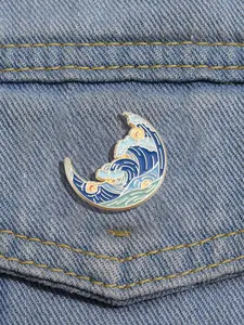 Moon & Wave Design Brooch, Creative Art Badge, Personalized Van Gogh Oil Painting Brooch, Alloy Enamel Pin Suitable for Backpacks, Jeans, Scarves, Hats Decor, Alloy Jewelry for Gift, Jewellery, Durable Metal Pins