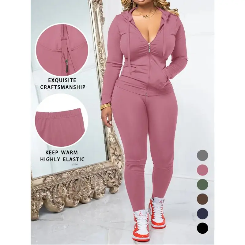 Women's 1 Set 2-Piece Fall Regular Sleeves Zip-Up Neck Hoodie & Tight Fitted Pants Set - Casual Soft Pullover with Pocket Detail, Minimalist Daily Wear, Long Sleeve, Clothes, Hoodie/Jumper, Keep Warm, Knit
