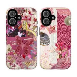 Preppy Pink Floral & Butterfly Patchwork Phone Case, Aesthetic Orchid Flower Phone Cover for iPhone 17 Pro Max 16 15 14 13 12 11 & Galaxy S26 S25 S24 S23 S22, Y2K Pink Scrapbook Collage, Unique Artsy Design, Coquette Gift for Women