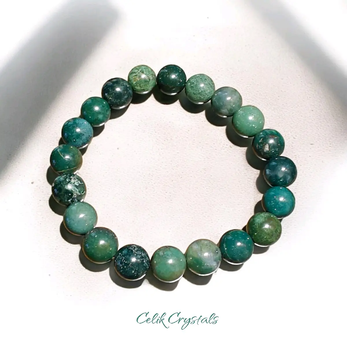 Moss Agate Beaded Stretch Bracelet - Unisex Natural Crystal Accessory with 8 or 10mm Beads & Healing Properties, Beaded Bracelet