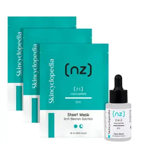 Skincyclopedia Facial Serum Treatment Set, 1 Niacinamide & Zinc Face Serum +3 Sheet Mask, Reduces Blemishes, Wrinkles & Fine Lines, Large Pores, Breakouts, Acne & Oil Control, Even Skin Tone.