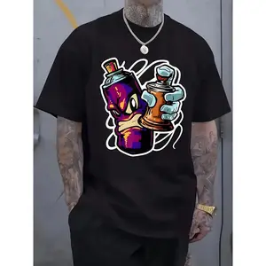 Unisex Street Style Graffiti Pattern T-Shirt - Regular Fit Round Neck Short Sleeve Top, Vibrant Spray Paint Dice Print, Machine Washable Casual Style