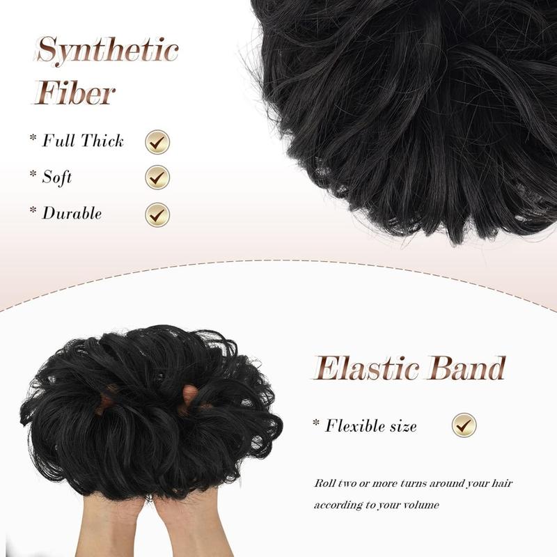 messy bun hair large wavy curly elastic scrunchies ponytail extensions synthetic chignon hairs for women black 1 94oz